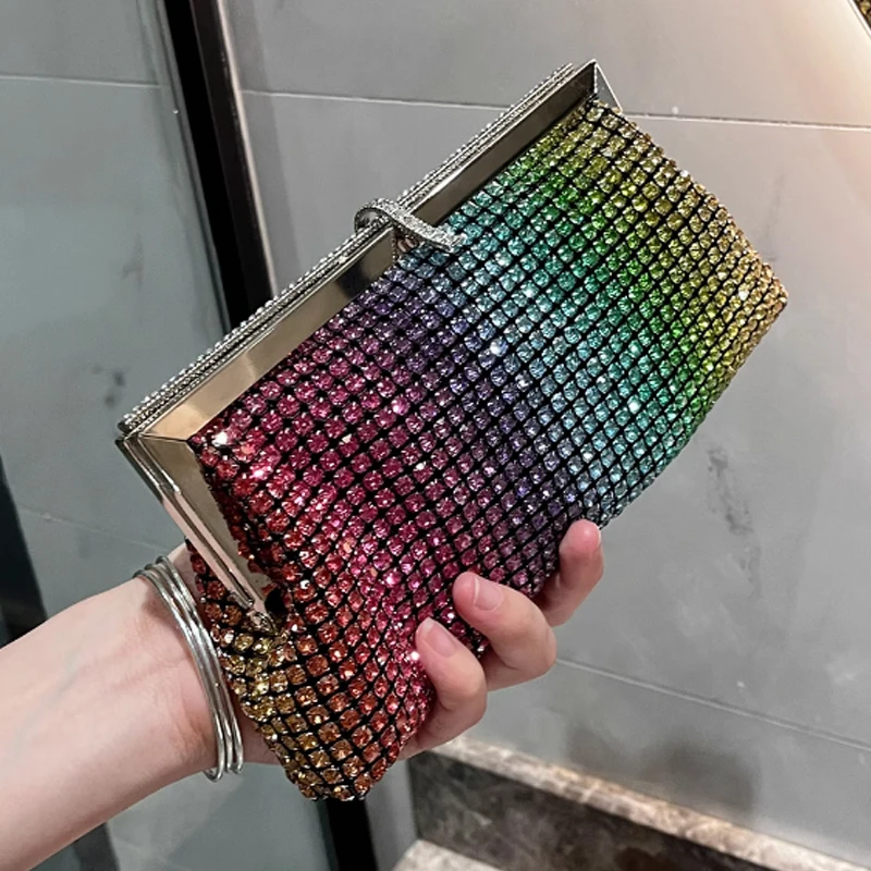 Luxury Full Diamond Women Bag Fashion Rainbow Soft Dinner Clutch Bag Women Shining Diamond Crossbody Bag Shoulder Bag