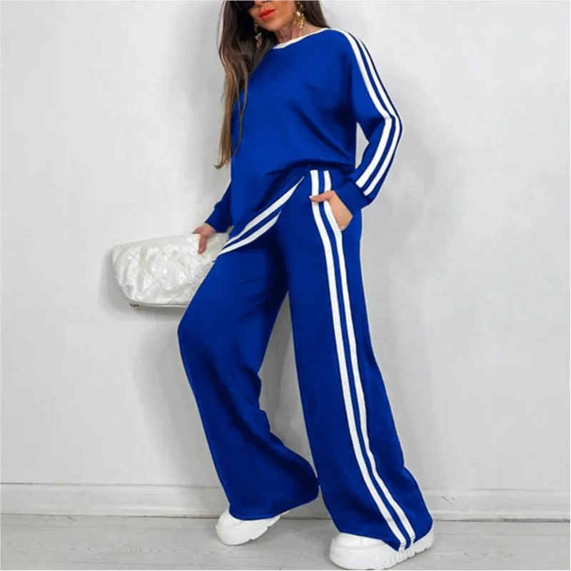 Color Blocked Striped Print Two-piece Set Women's Autumn Fashion O-neck Top With Wide Leg Pants Suit Ladies Casual Sports Outfit