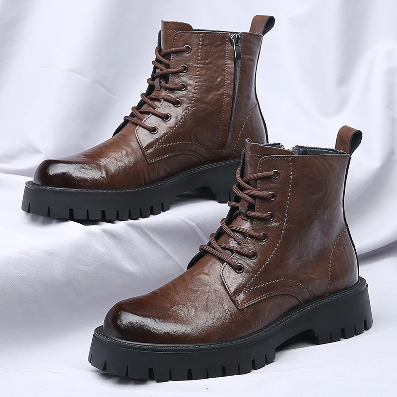 Men Side Zipper High Top Boots Popular in Spring Autumn Height Increasing Casual Motorcycle Boots Suitable for Young People