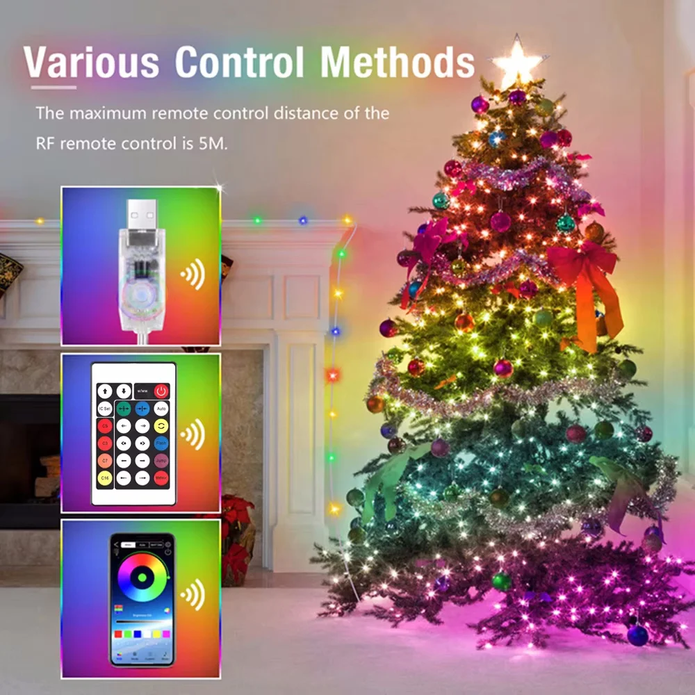 Guirnaldas de luces LED con Bluetooth Dreamcolor RGBIC, luces para árbol de Navidad, decoración de boda, lámpara USB de 15M/10M/5M/2M