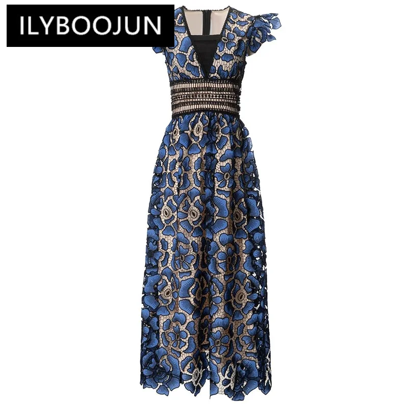 

ILYBOOJUN Summer New Style Fashion Runway Dress Women's Blue V-Neck Elastic Waist Splice Embossed hollow party Dresses