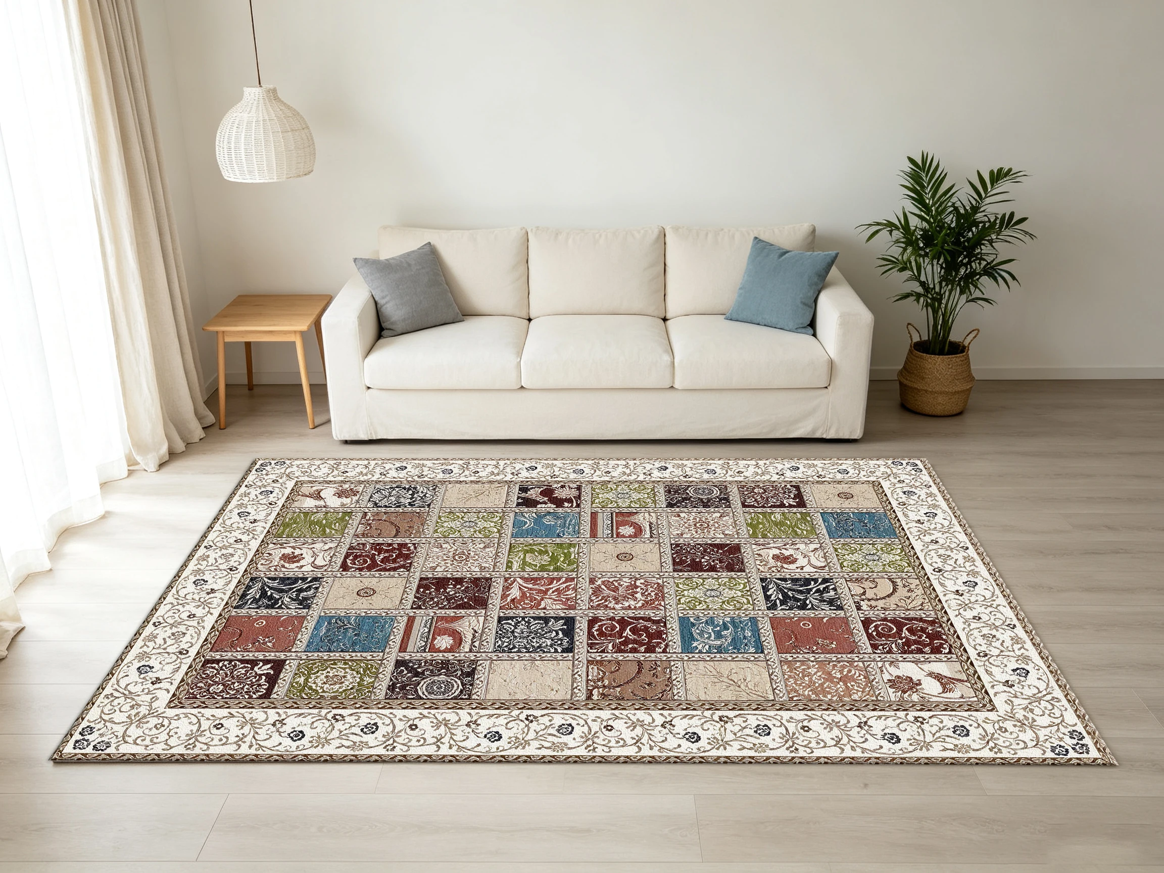 Classic Patchwork Floral Square Carpet Flooring Traditional Ornate Border Rug for Indoor Home Decoration