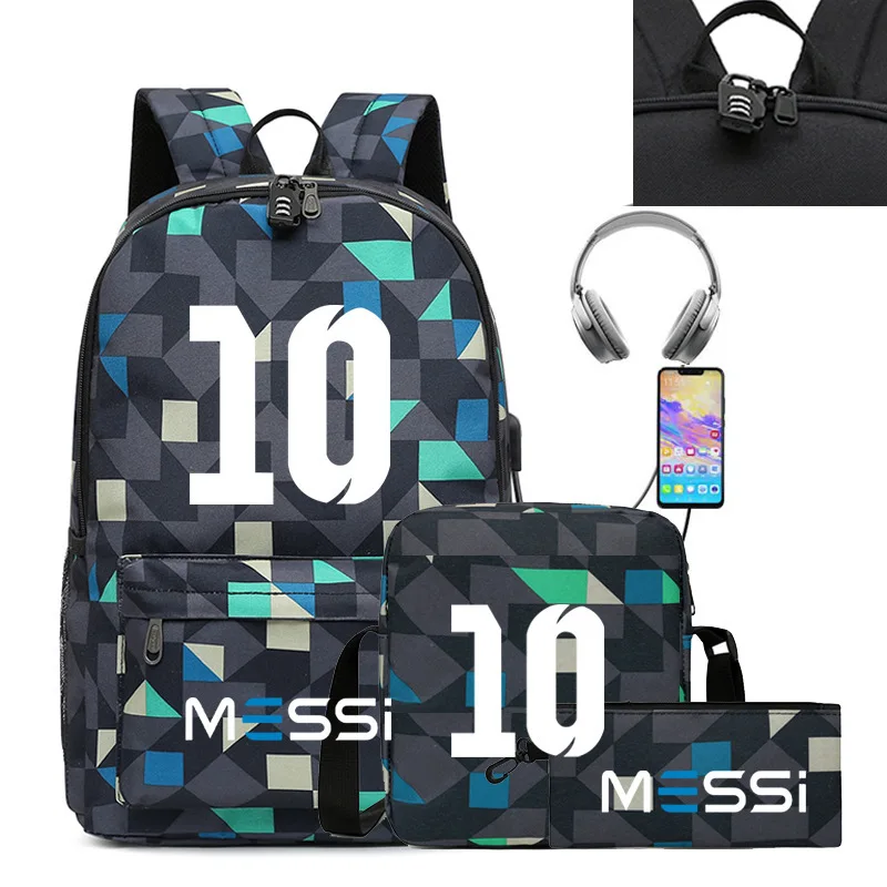 Messi Backpack 3pcs Usb Waterproof Backpack Casual Travel Backpack Women Men Large Capacity Travel Laptop Backpack School Bags