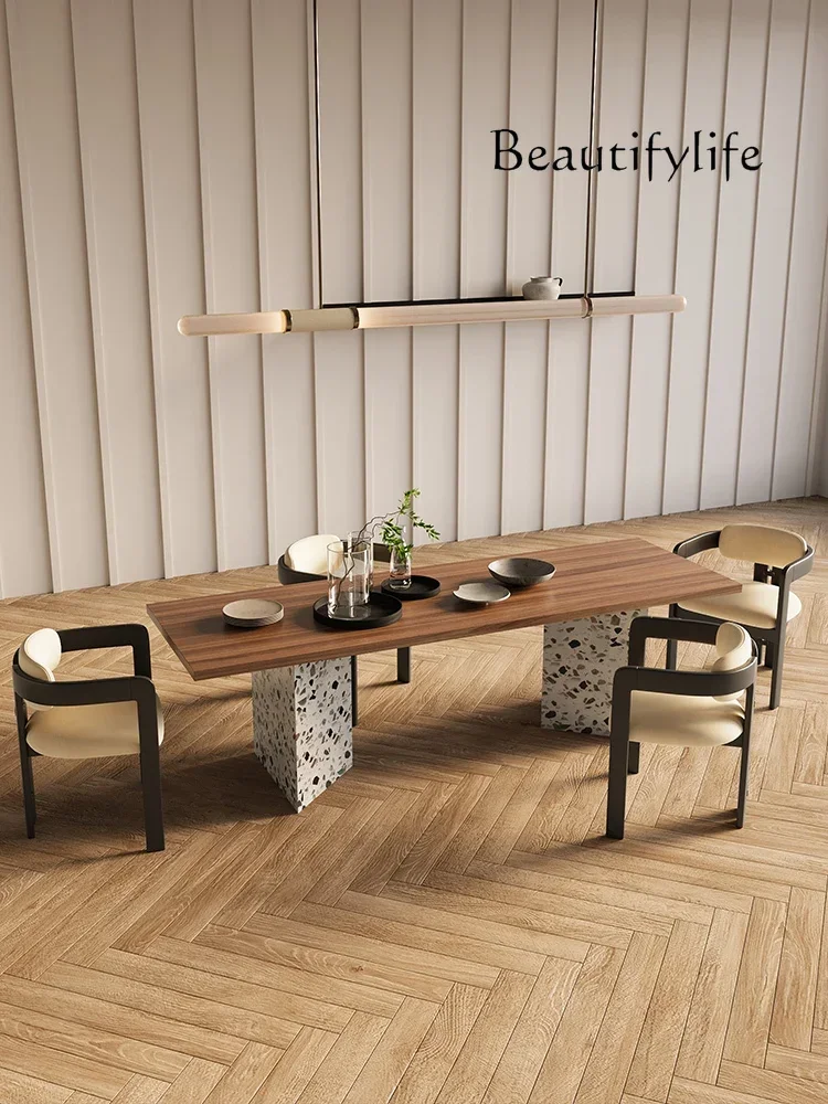 N45 Medieval style restaurant B & B solid wood dining table Minimalist ash wood designer rectangular terrazzo dining table