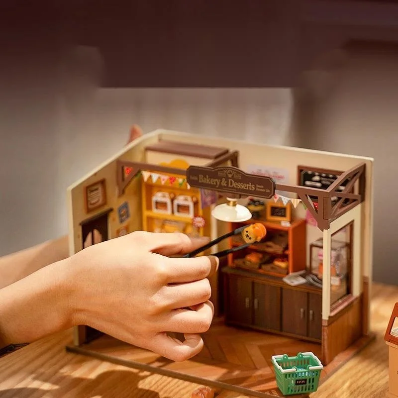 DIY Miniature Bakery House ชุดไม้ 3D ปริศนาของเล่นบล็อกอาคาร Bekaa Little House ชุดของขวัญส่งฝุ่นสีกล่องใหม่