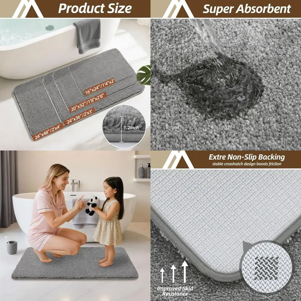 

Очень толстый противоскользящий коврик для ванной с длинным ворсом - мягкий плюшевый микрофибровый коврик, 100% полиэстер, впитывающий воду (серый, 24x48 дюймов)