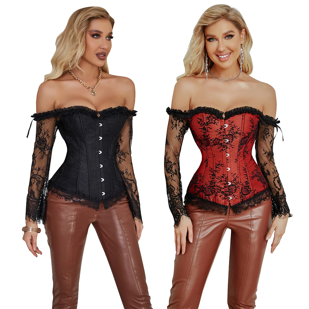 Women Long Sleeve Lace Overbust Corset Black Red Waist Bustiers Top Plus Size Korset Lingerie