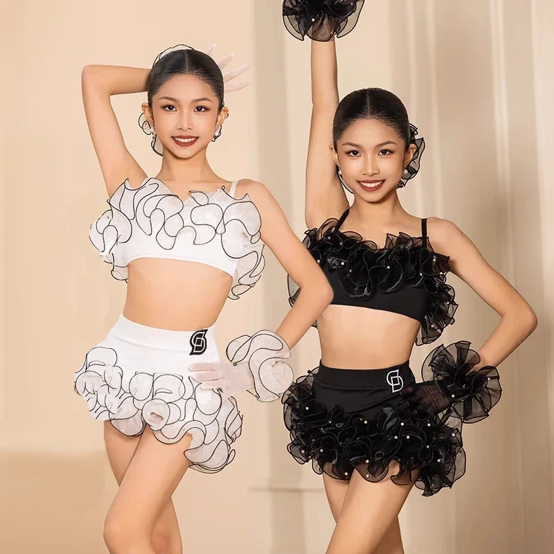 

Latin Dance Costume Girl's Professional Competition Dress Kids Sleeveless Tops Lace Short Skirt Set Performance Clothes