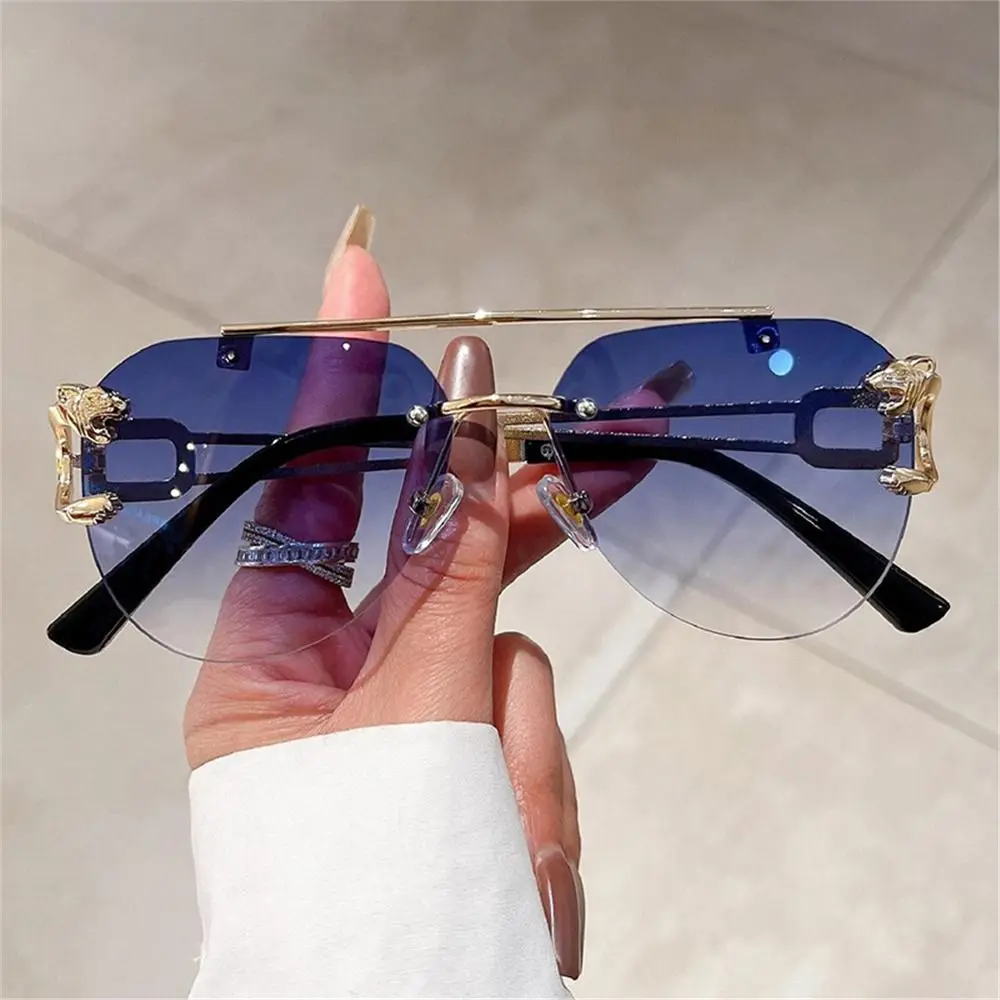 Fashion Rimless Cheetah Decor Sunglasses Gradient UV400 Double Bridge Sun Glasses Shades for Women & Men