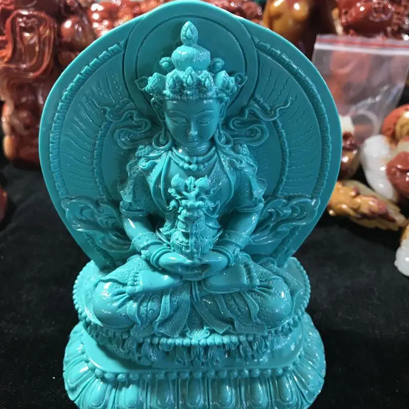 Turkusowy ornament Guanyin wysoka porcelana wysoka niebieska zielona guanyna rzeźba jadeitowa ozdoba siedzący lotos Guanyin róg obfitości orn