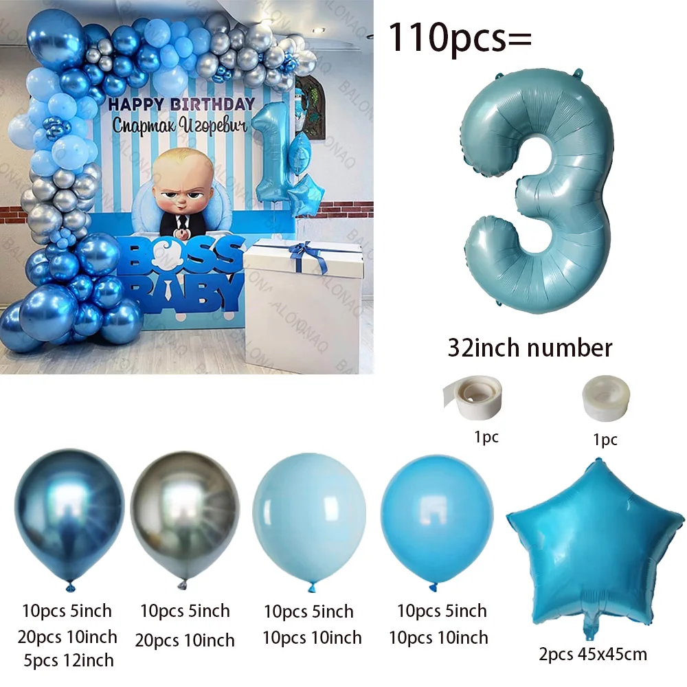 110pcs Blue Balloon Garland Arch Kit Boy 1st Baby Boss Birthday Party Decoration Gender Reveal Balloon Baptism Baby Shower Decor