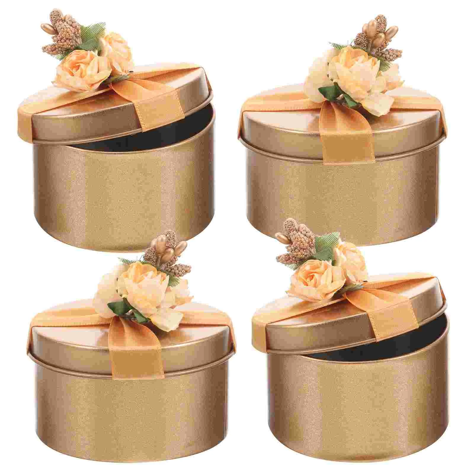 4 Pcs Party Favor Boxes Tea Storage Containers Wedding Candy Round Gift Tin Golden Iron Empty