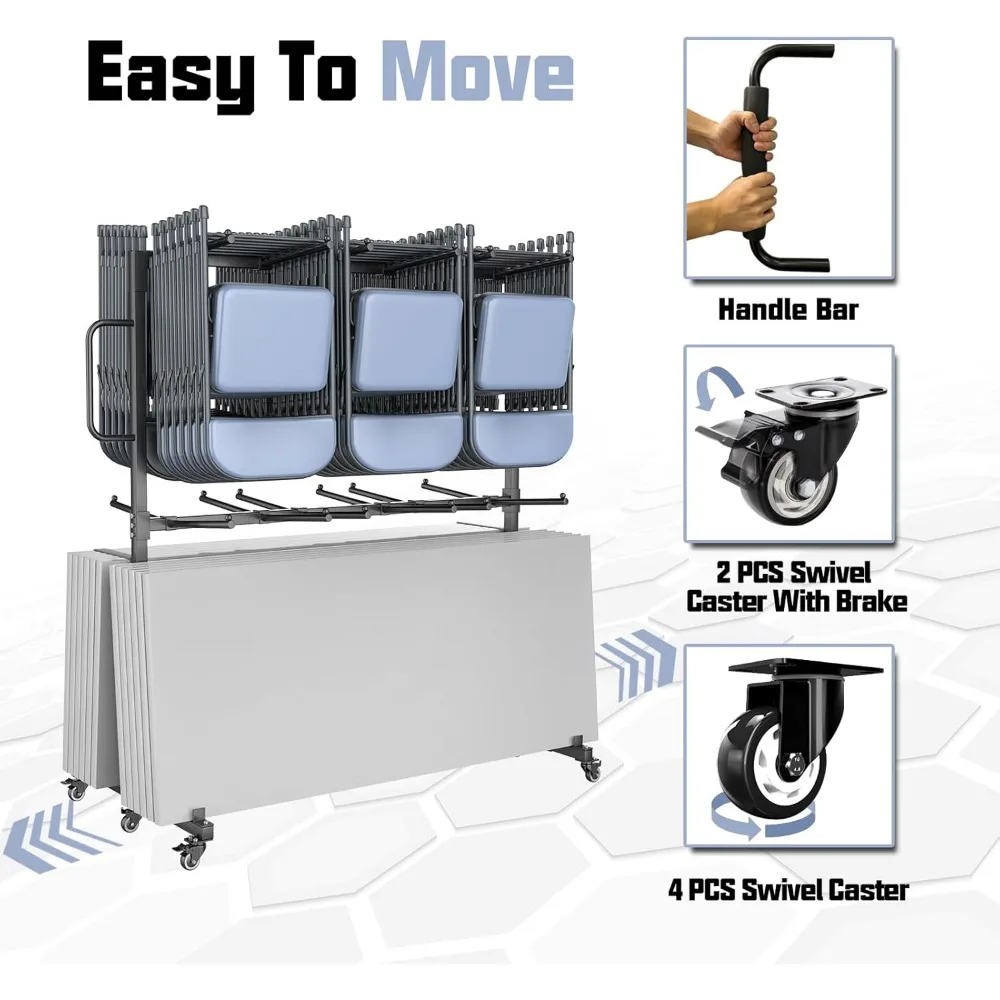 طاولة وكرسي قابلة للطي بطبقتين مع 6 عجلات دوارة، سعة 800 رطل، رف وأشرطة للتخزين #6