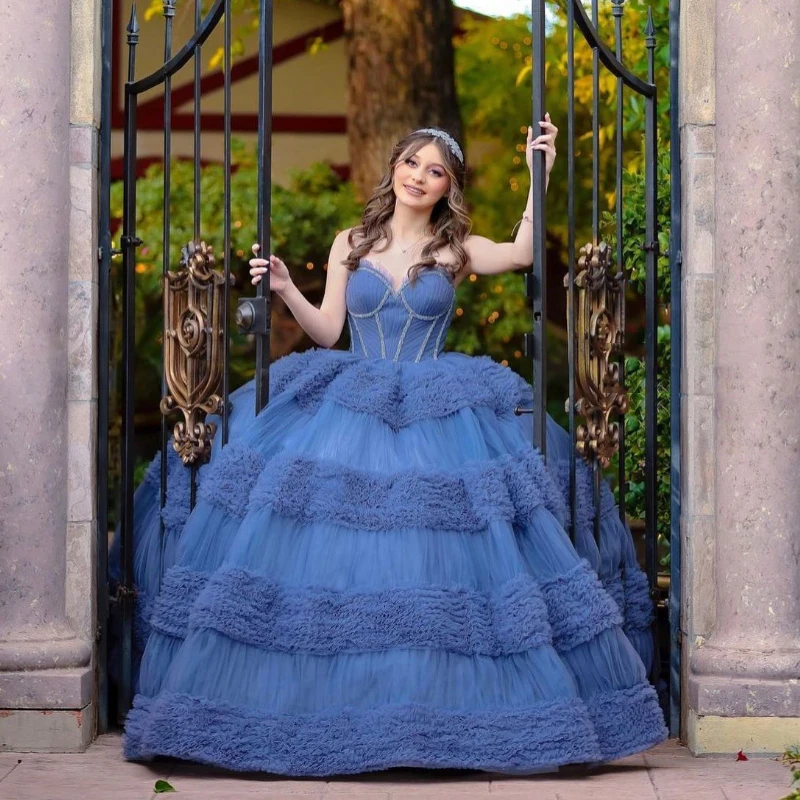 

Navy Blue Sweetheart Quinceanera Dresses Ball Gown Off The Shoulder Beads Tulle Tiered Mexican Sweet 16 Dresses 15 Anos