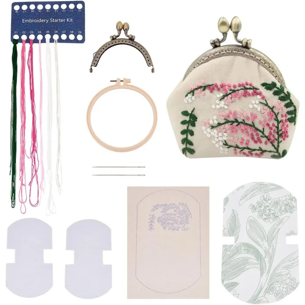 Kiss Clasp Purse Making Kit DIY Wallet Purse Handbag Making Kit Cloth Cover with Plastic Stitch Embroidery Hoops Cotton Needle