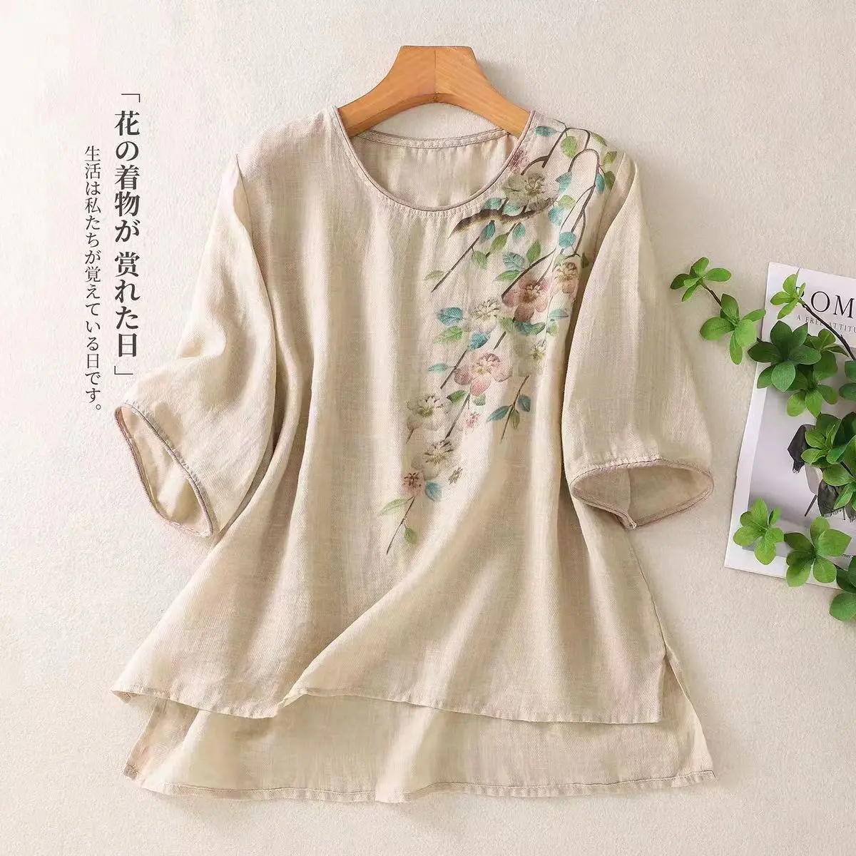 New Chinese Style Retro Cotton and Linen Top for Women in Summer Thin Loose Cotton and Linen Shirt Short Sleeves