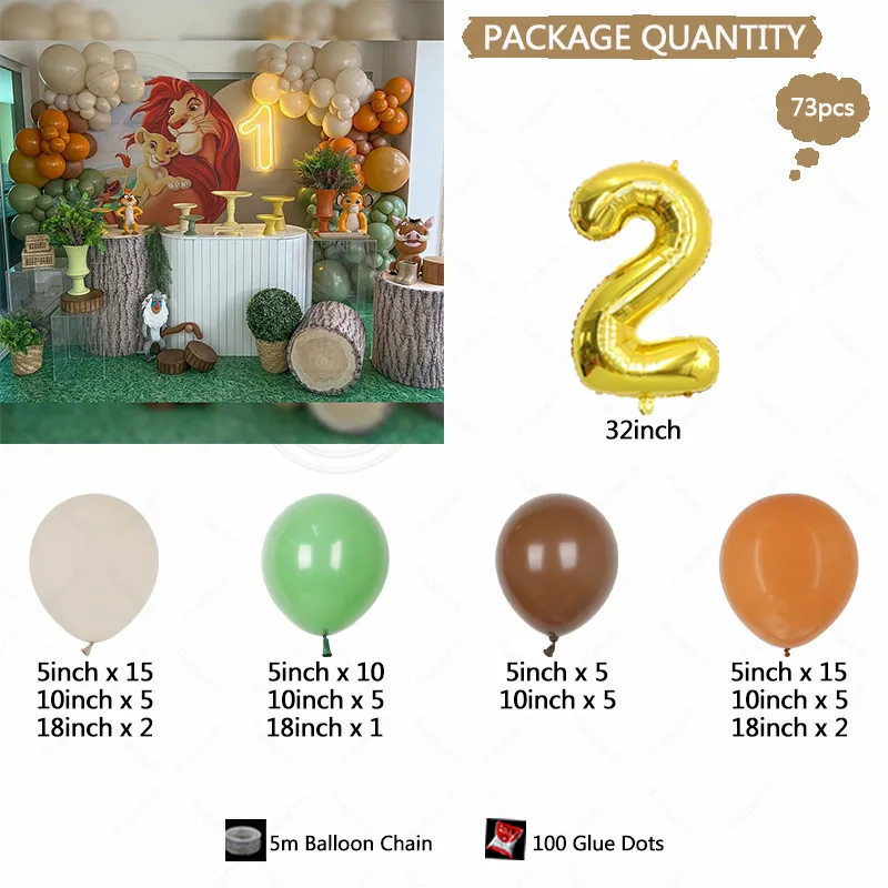 Kit de globos decorativos de Disney para niños y niñas, set de globos con temática del Rey León Simba de 73 piezas, para fiesta de cumpleaños y baby