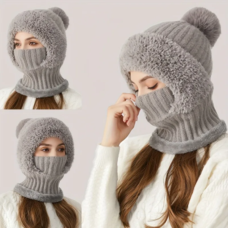 Winter Knit Hat with Fleece Lining and Ear Flaps - 3-in-1 Beanie Scarf Mask Set - Windproof Warm Hood Neck Warmer for Cycling