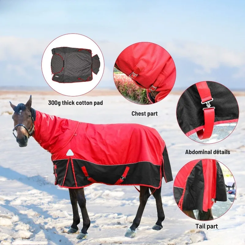 Outdoor Winter Thickened Cotton Riding Jacket with Scarf—Heavy-Duty Riding Jacket in Black and Red with Scarf
