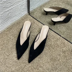 New Pointed Toe Women's High Heel Slippers 2024 Spring Closed Toe Sexy Stiletto Suede Simple Slippers