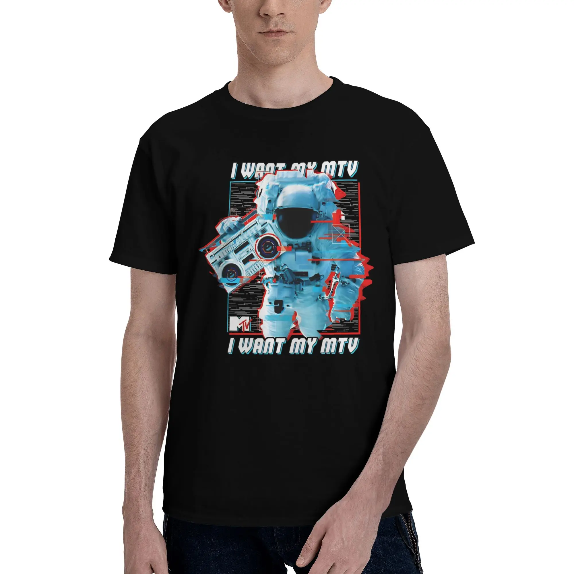 Music Television Glitched Astronaut I Want My MTV  Novelty 100% Cotton T-Shirt MTV Tees Tops For Men