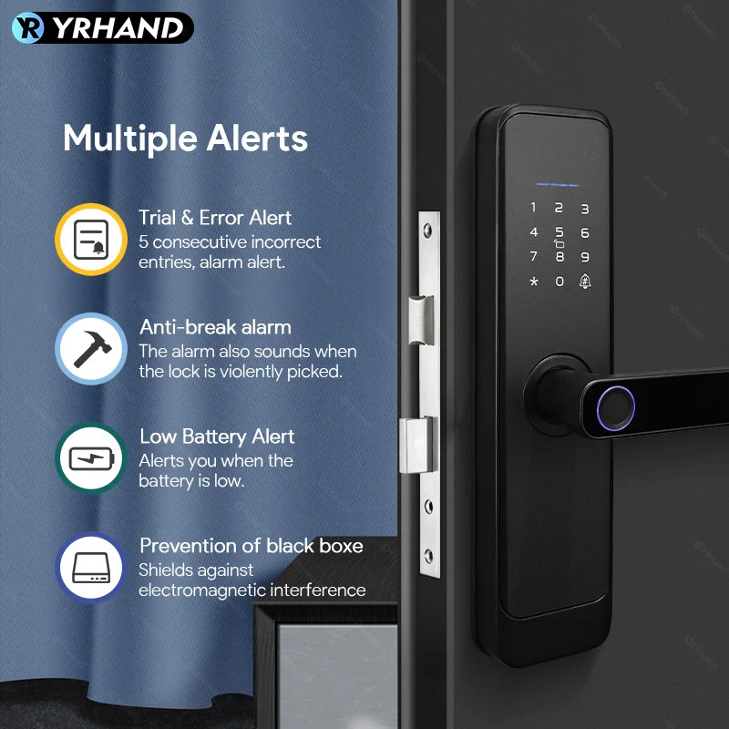 YRHAND-Fingerprint Door Lock para Casa, Matt Black, TTLock, Smart App, Cartão de Código, Chave, Segurança Digital, Fechadura Eletrônica, Segurança