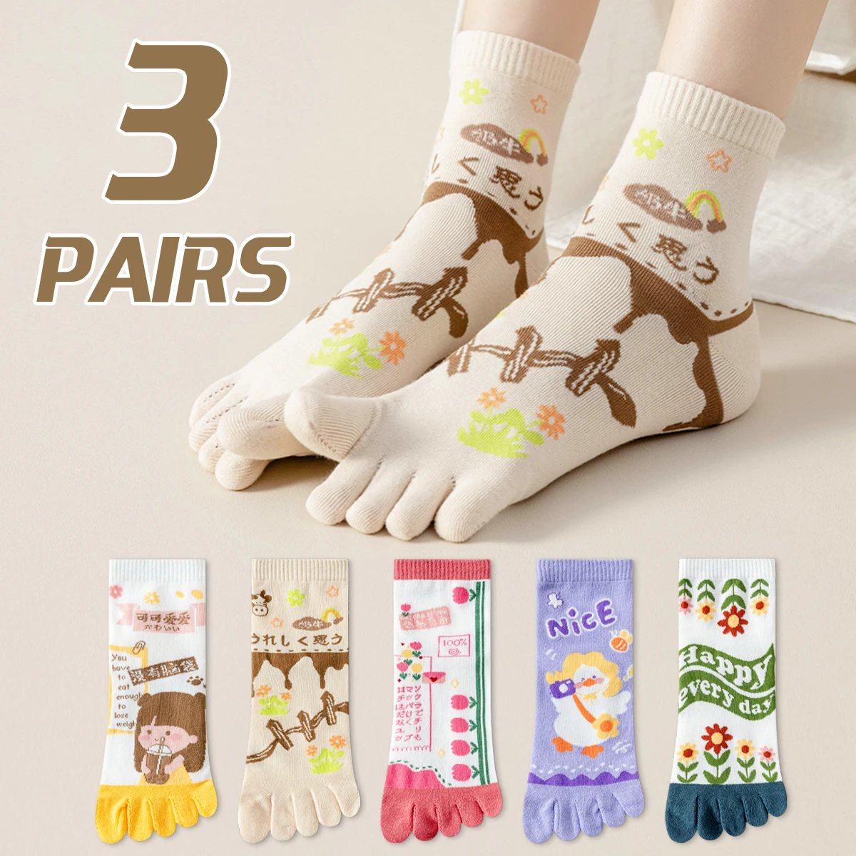 3-Pair Women's Cotton Four Seasons Cartoon Cute and Sweet College Style Comfortable and Breathable Mid Leg Five Toe Socks