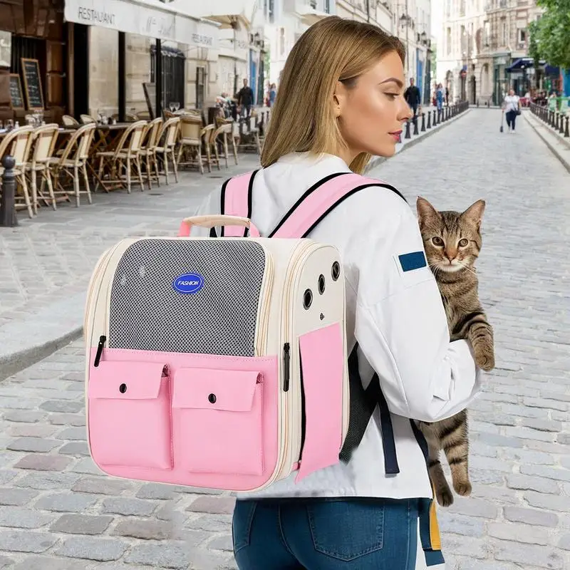 Cat Backpack Carrier Large Breathable Mesh Animal Backpack Multiple Pockets Foldable Cat Bag Bunny Carrier With Waist Belts For