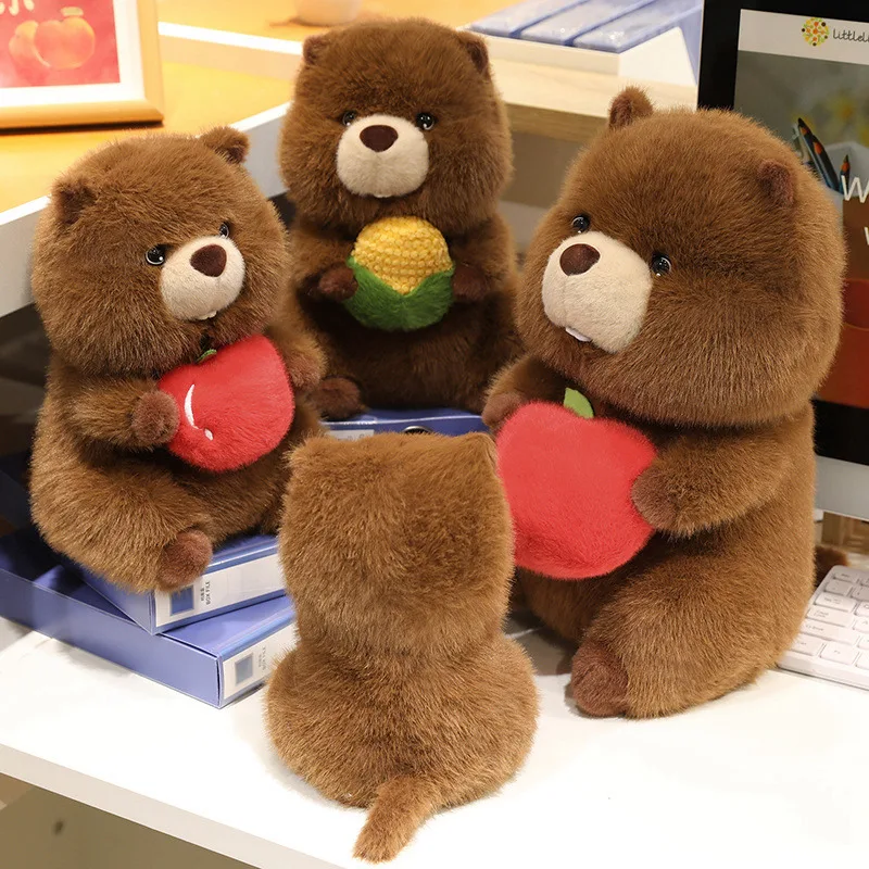25-50cm Brown Groundhog Holds Apple Corn  Fruits Vegetables Plush Animals Dolls Pillow Super Soft Toys Home Decoration Gifts