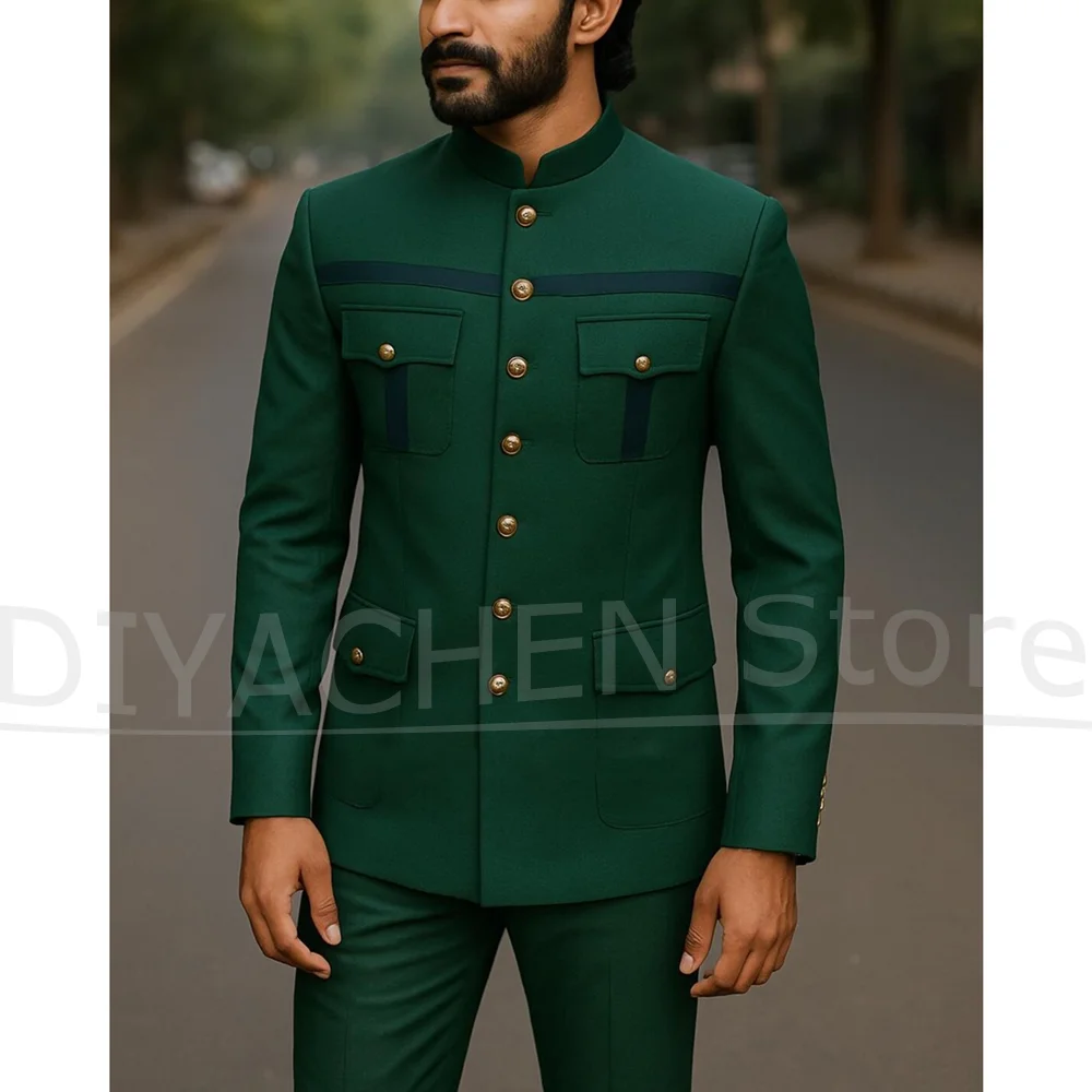 Fashion Men's Mandarin Collar Suit with Contrast Stripes Multi Pocket Outfit Smart Casual Office Wedding Party Male Suit 2 Piece