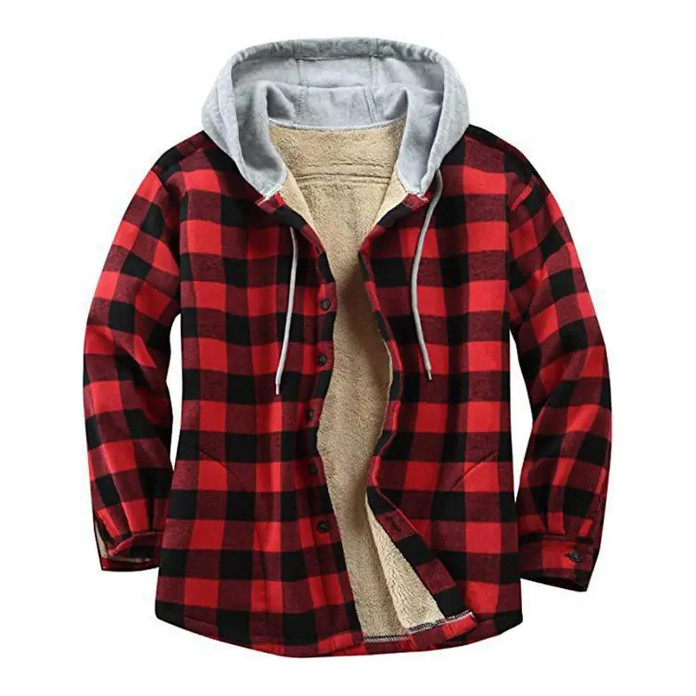 

Warm Coats Fashion Winter Men Jacket Plaid Buttoned Coldproof Loose Plush Lining Hooded Jacket Outwear Casual Men Cardigans