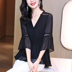 Black Loose Hollow Out Chiffon Blouse Summer New Temperament Solid Color All-match Shirt Tops Elegant Fashion Women Clothing