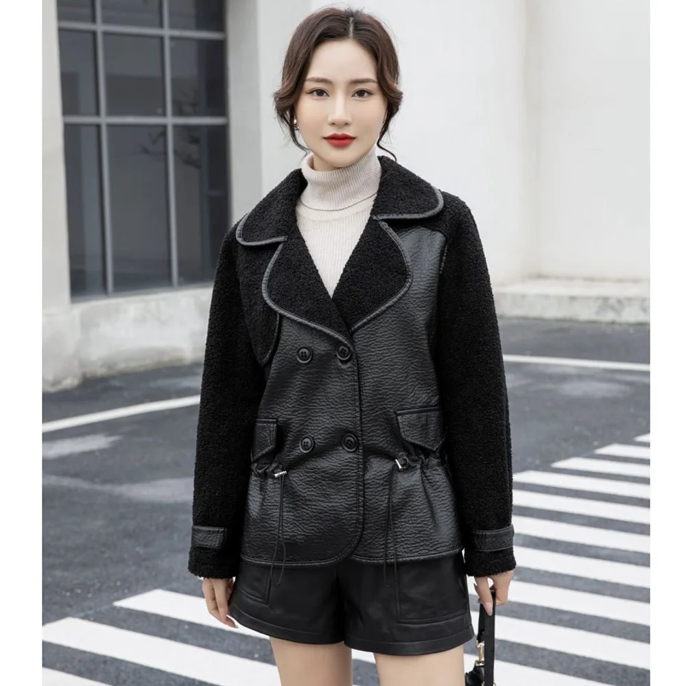 2023 NEW Autumn Winter Women Lamb Wool Leather Jacket Korean  Loose Thicken Plush Both Sides Wear Mother Faux Fur Coat Overcoat