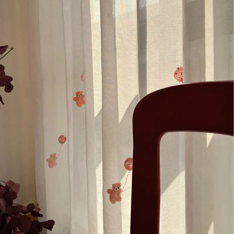Embroidered Bear Cartoon Sheer Curtain Soft Light Children's Room Cute Ins Style Living Room Balcony Bedroom Custom Size Tulle