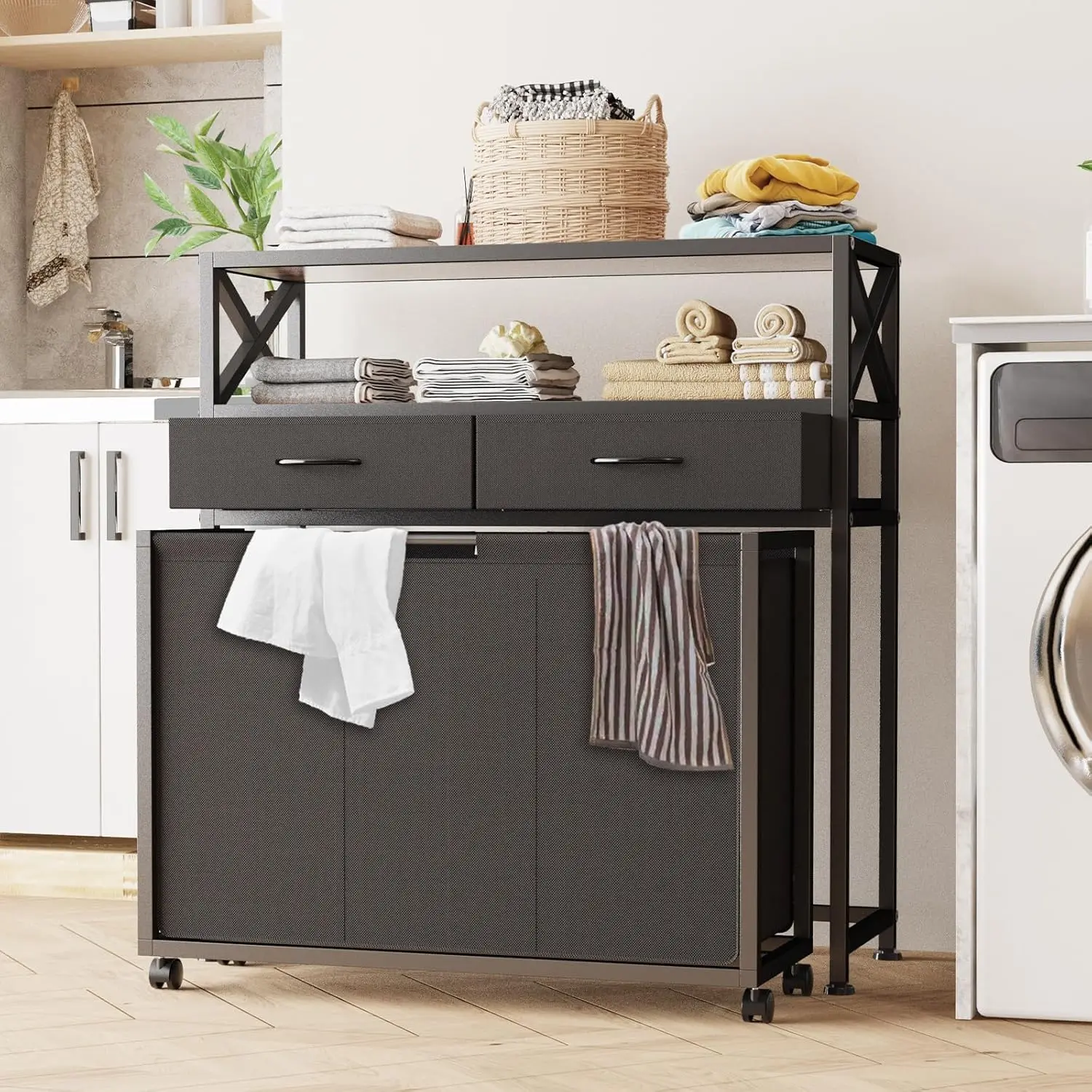 ！ Wood Laundry Hamper with 3 Section Pull-Out Bags, Rolling Laundry Basket Organizer with Wheels,Drawers and Shelves