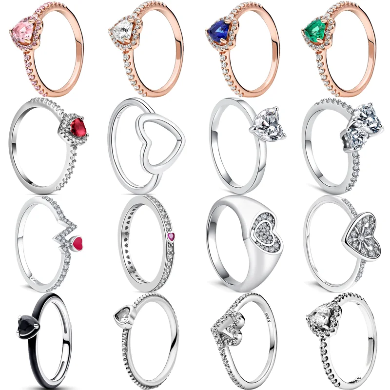 100% 925 Sterling Silver Always Love Forever Heart Shaped Zircon Sparkling Pantaro Charms Rings Women Fine Wedding Party Jewelry