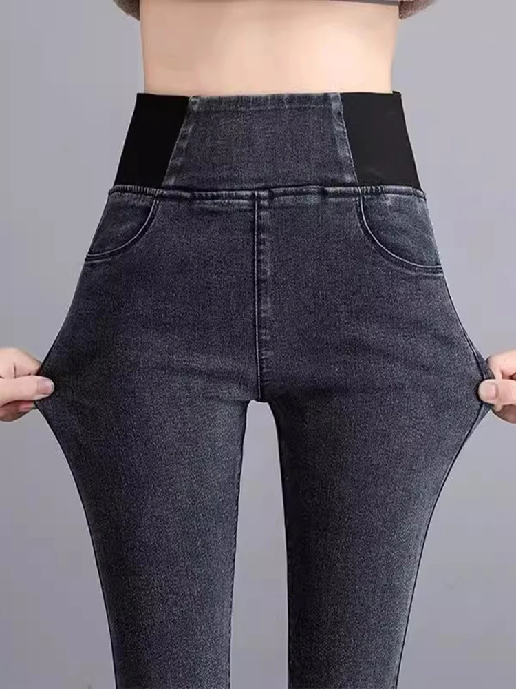 

Женские узкие джинсы больших размеров с высокой талией, эластичные джинсовые брюки-карандаш, зимние теплые универсальные повседневные брюки на флисовой подкладке