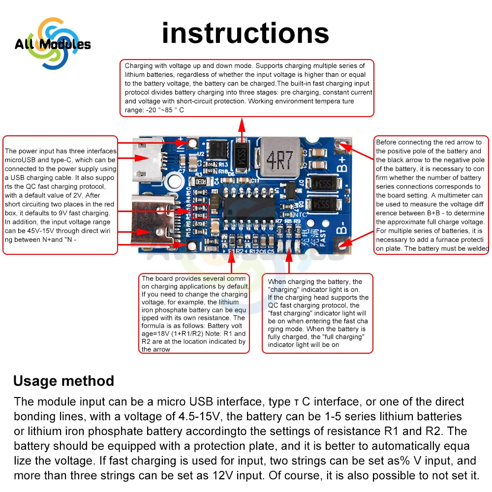 Multi-Cell 2S 3S 4S Type-C to 9V/12V 4.5V-15V Step-Up Buck Fast Charging Charger Module for 18650 Lithium Battery