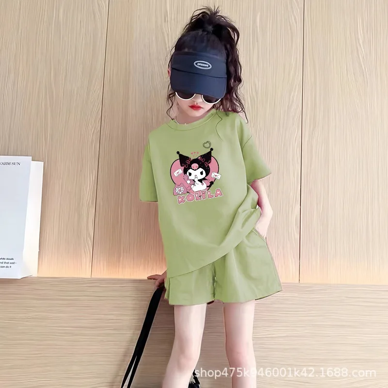 Anime Kuromi Fashion Suit Summer Children's T-Shirt Shorts Casual Two-Piece Set Cartoon Print Loose Short Sleeve Comfortable