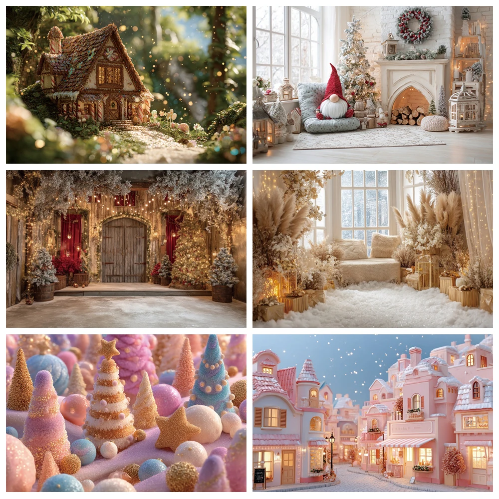 

MOON.QG Pink Christmas Custom Backdrop House Xmas Trees Santa Background For Photographs Photozone Festival Shooting Props Child
