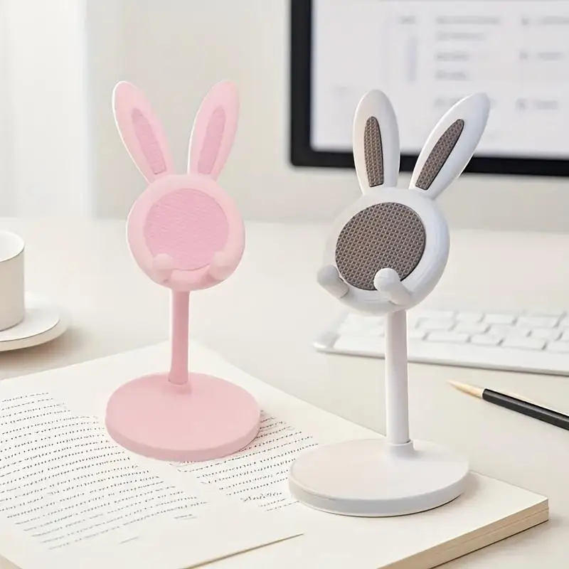 1Pc Phone Stand - Cute Pink Floral Design with Bunny Ears and Bow, Adjustable Height 0 ° -90 ° Durable Abs Material, Smartphone Desktop Organizer for Home Office Decoration, Desktop Phone Stand, Quirky Design, Sturdy Structure, Phone Stand, Phone Holder, Phone Stand with Adjustable Length, Adjustable Phone Stand, Phone Stand.