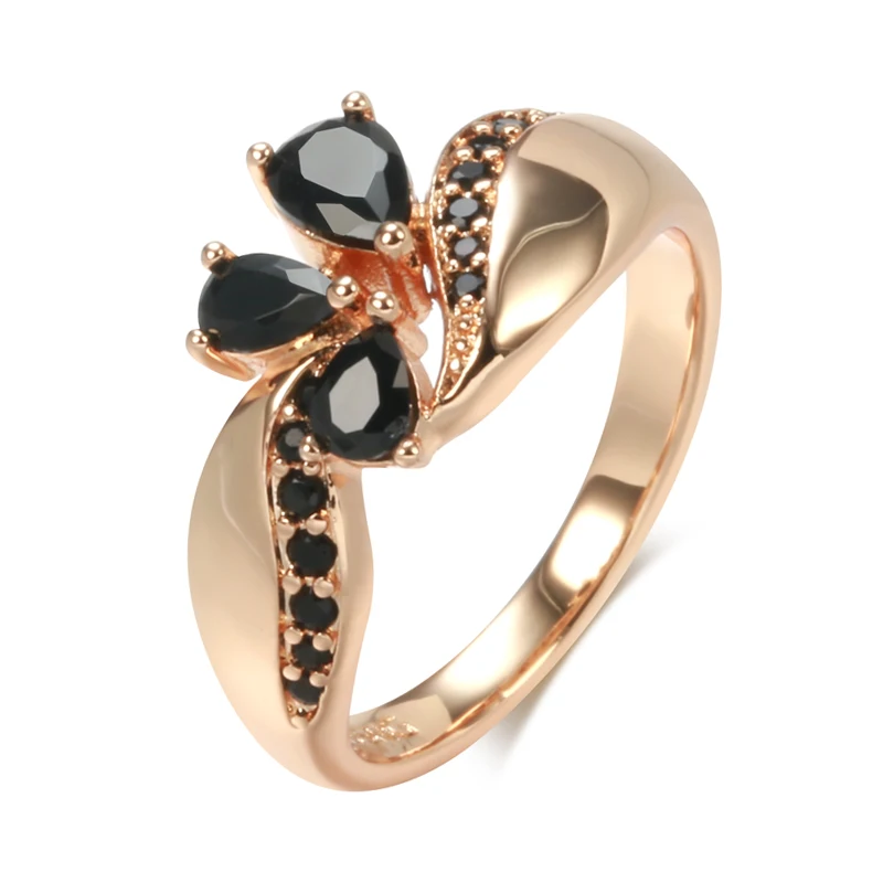 Kinel Hot Black Natural Zircon Ring for Women Fashion 585 Rose Gold Color Crystal Flower Bride Ring Daily Fine Vintage Jewelry