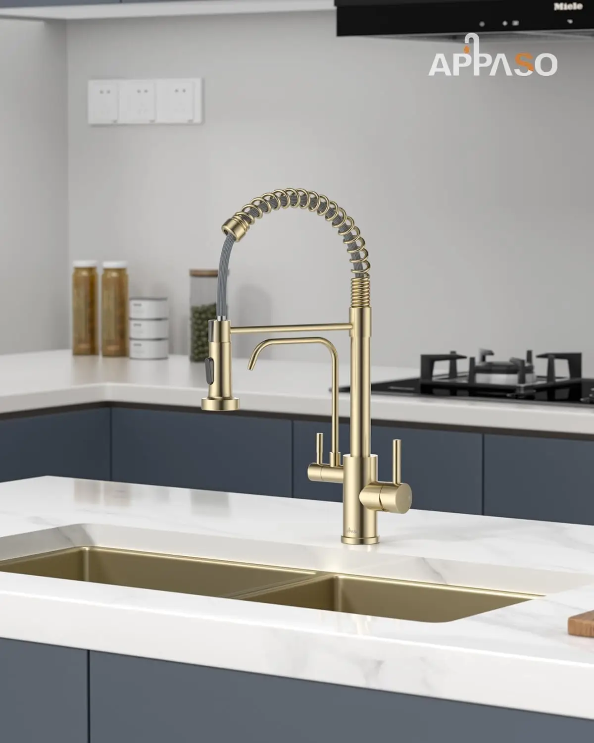 3-Way Kitchen Faucet with Water Filter in Gold Finish