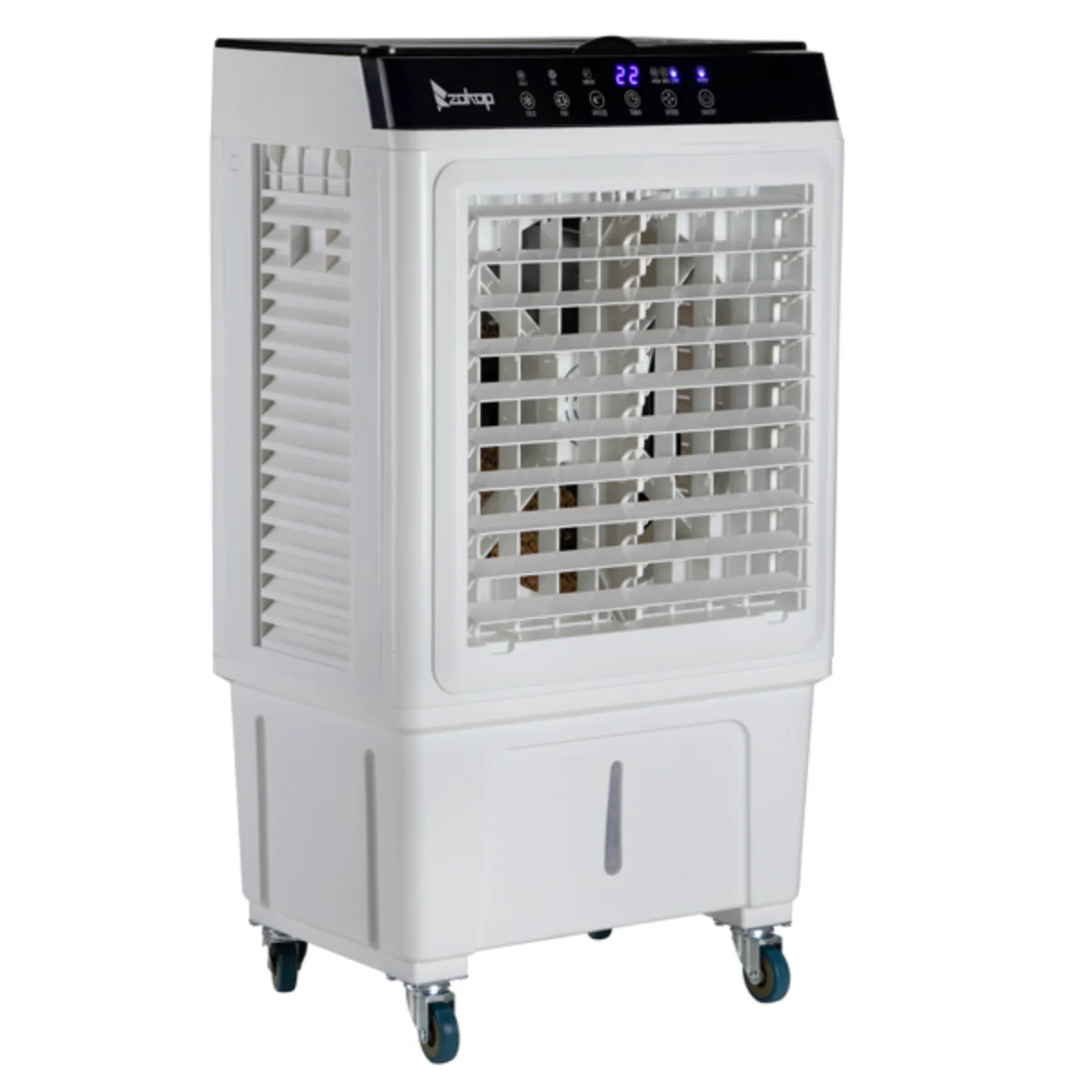 เครื่องทําความเย็นแบบระเหยแบบพกพา 3-in-1 - 2353CFM, ถัง 7.93Gal, รีโมท, ถุงน้ําแข็ง 4 ชิ้น (สีขาว)