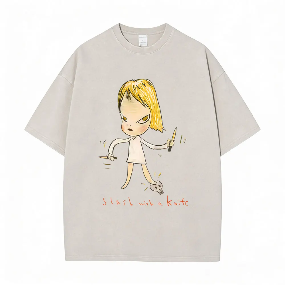 

Washed Vintage Yoshitomo Nara Slash with A Knite T Shirt Men Women Casual Cotton T-shirts Men's Funny Oversized Tops Streetwear