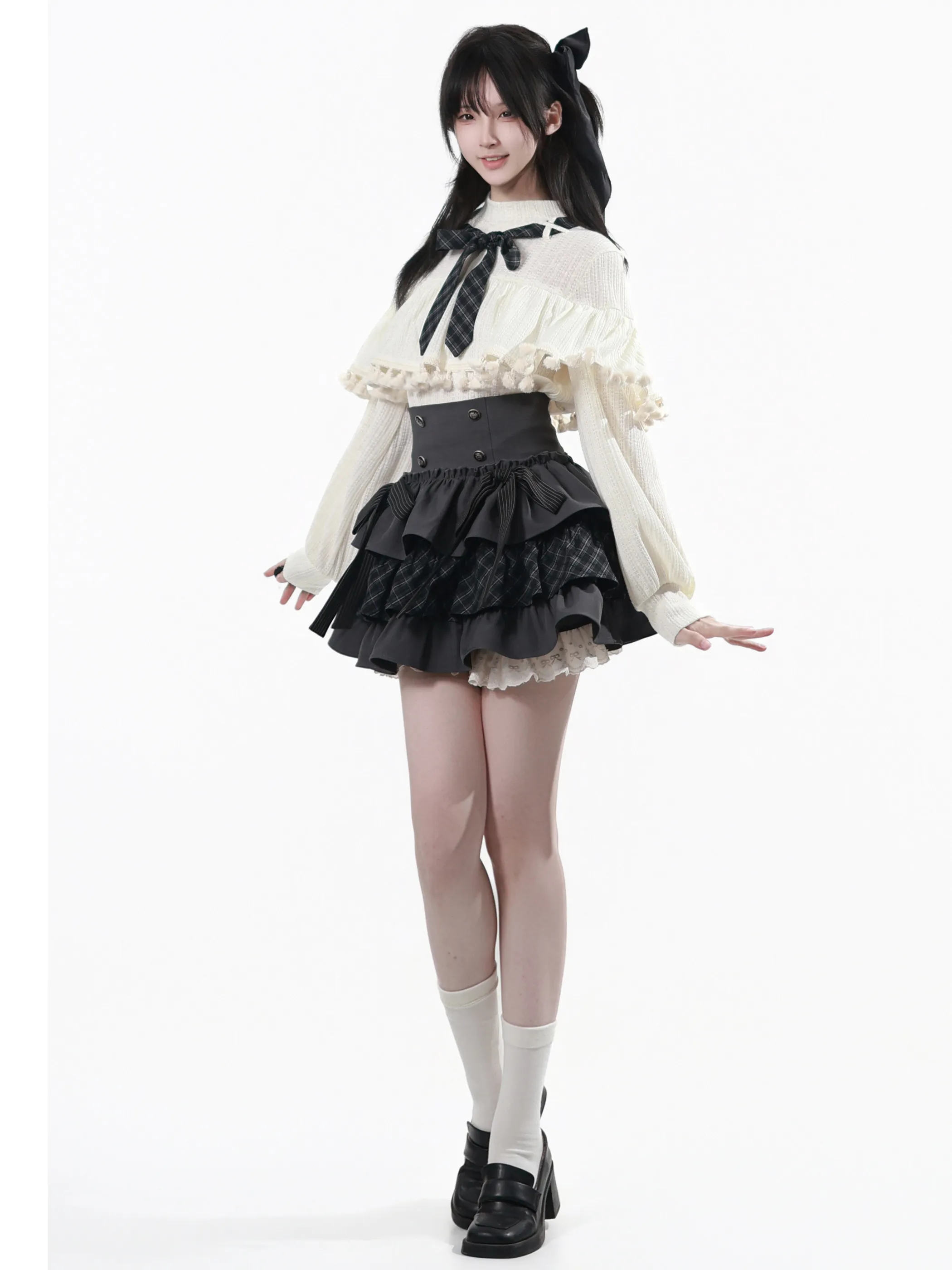 

2026 New Spring Summer Knit Top with Tassels High-Waisted Layered Cake Skirt Layered Skirt Shorts Hooded Off-Shoulder Top