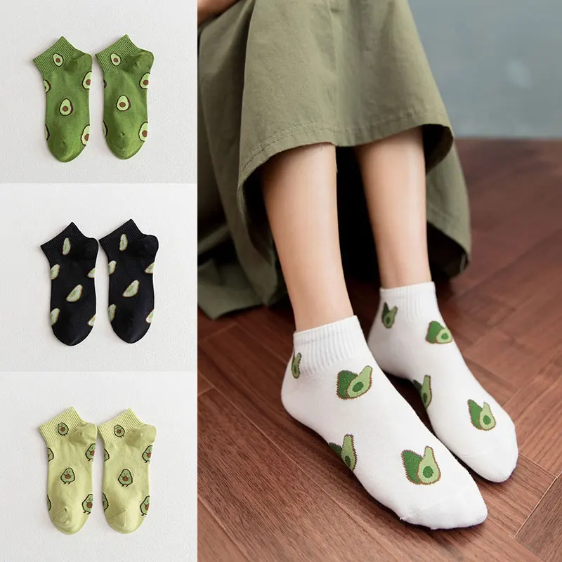 

1pairs Cotton Socks For Women Green Avocado Fruit Embroidery Socks Breathable Casual Funny Short Ankle Socks Boat Socks