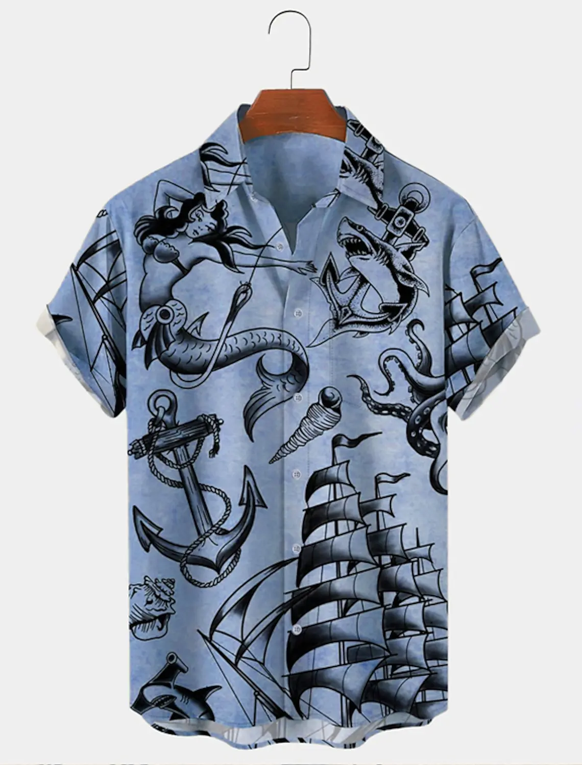 Camisa de manga corta con estampado gráfico de tiburón sirena para hombre, ropa de moda con botones, ancla, ropa de calle al aire libre