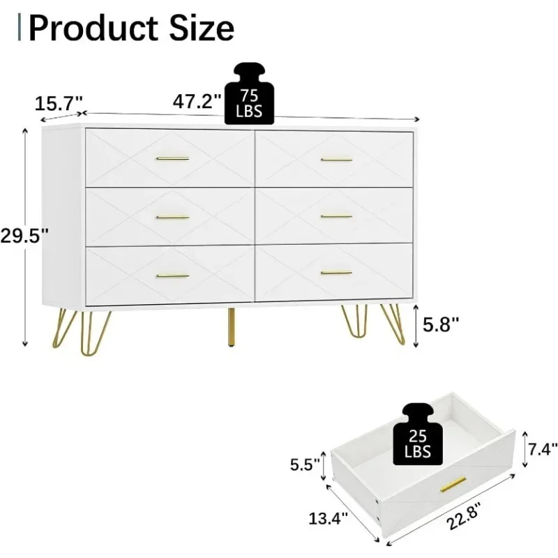 Dresser for Bedroom, Dresser with 6 Deep Drawers, Wide Chest of Drawers w/Gold Handles for Living Room, 15.7