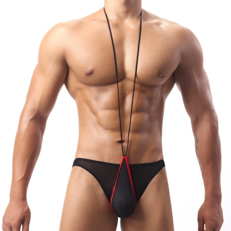 

Men Sexy Ice Silk Bulge Pouch Underwear Low-Waist Panties Elastic Briefs Open Hole Thong Halter Neck Suspender Bikini Underpants